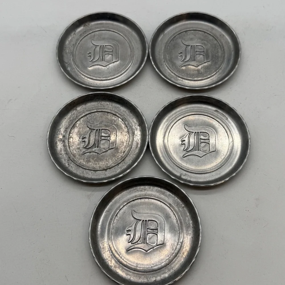 Vtg Aluminum Coasters Set of 5 Detroit Tiger Barware MCM industrial metalware